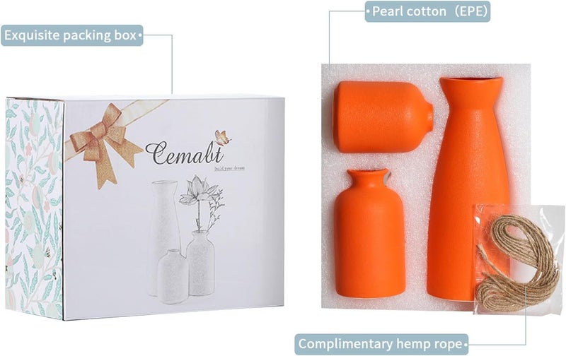 CEMABT Ceramic Orange Vases Set of 3 Small Flower Vases for Decor, Modern Rustic Farmhouse Home Decor, Decorative Vases for Pampas Grass,Idea Shelf,Table,Bookshelf,Entryway- Distressed Decor - Image 4